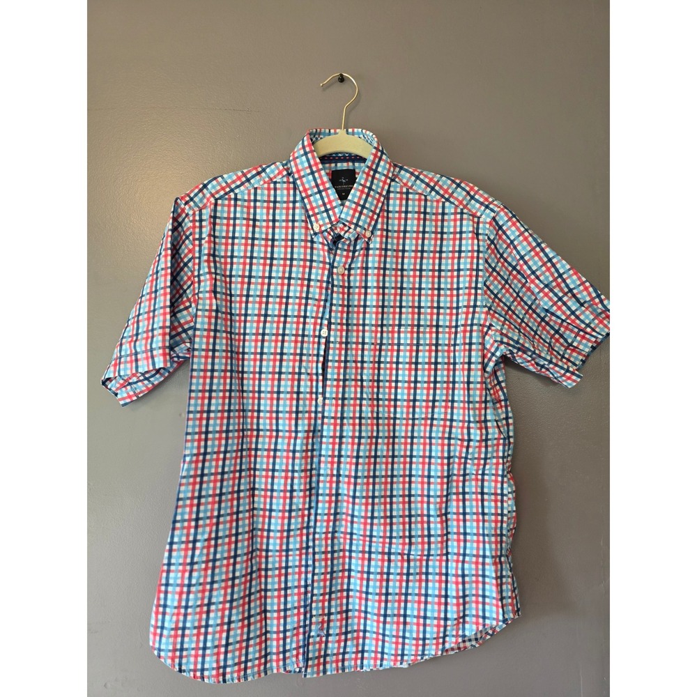 Tailorbyrd Collection Mens Medium Short Sleeve Plaid Button Down Shirt Red Blue